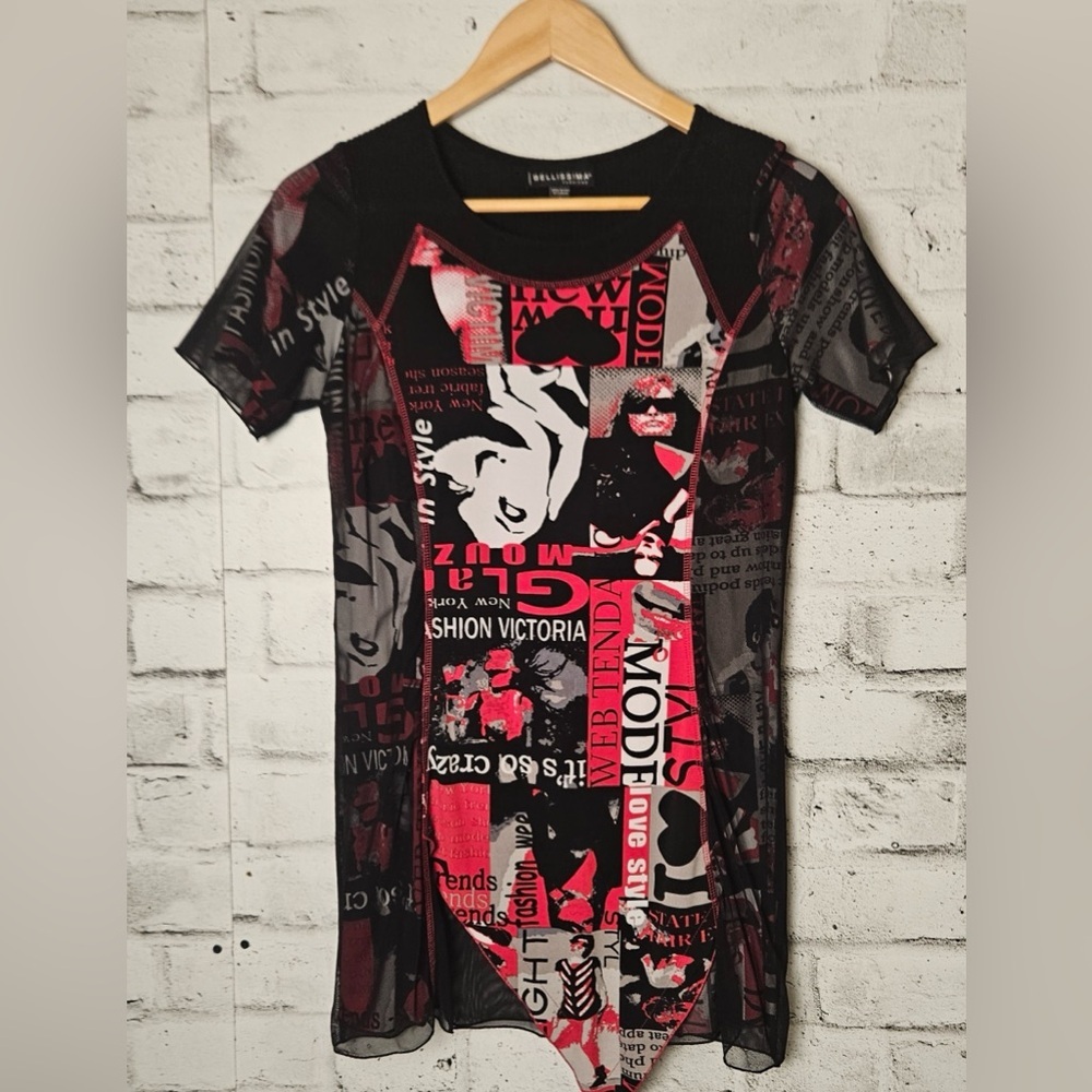 Bellissima Graphic Mesh Tunic Top Size S Asymmetrical Hem Short Sleeve